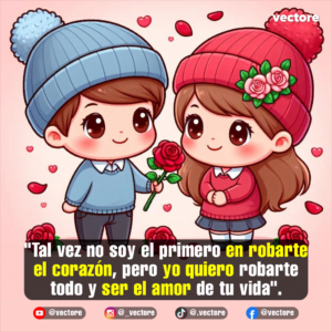 Arte digital de dos niños estilo chibi con ropa de invierno; el niño le regala una rosa roja a la niña en un fondo decorado con pequeños corazones y pétalos.