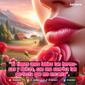 Primer plano artístico de unos labios femeninos pintados de rojo junto a una gran rosa rosada, con un fondo de un paisaje montañoso iluminado por el atardecer y una pequeña cabaña.