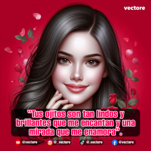 Retrato digital de una mujer joven sonriente con cabello oscuro, rodeada de pétalos de rosa flotando sobre un fondo rojo sólido.