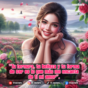 Ilustración romántica de una hermosa mujer sonriendo con las manos en las mejillas, sentada en un campo lleno de flores rosas y una cesta con rosas a su lado.