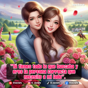 Dibujo digital de una pareja joven abrazada amorosamente en un hermoso prado verde con flores, un lago de fondo y un jinete a caballo a lo lejos.