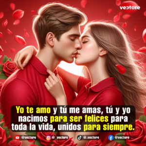 Ilustración de una pareja dándose un beso romántico en los labios. Ambos visten polos de color rojo a juego, rodeados de rosas rojas en la base y pétalos de rosa flotando en un fondo iluminado.