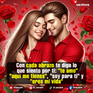 Dibujo digital de un hombre abrazando con ternura a una mujer por la espalda. Ambos sonríen con los ojos cerrados, visten camisetas de color rojo y están rodeados de pétalos y rosas rojas sobre un fondo romántico.