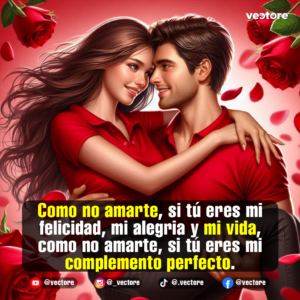 Pareja joven sonriéndose mutuamente con amor mientras el hombre sostiene a la mujer en sus brazos. Ambos usan polos de color rojo, rodeados de rosas rojas grandes y pétalos flotando en el aire.