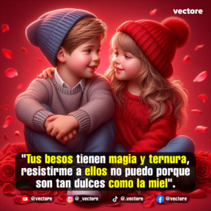 Ilustración de estilo tierno con dos niños pequeños con ropa de invierno mirándose con cariño, sentados sobre un lecho de rosas rojas con pétalos flotando a su alrededor