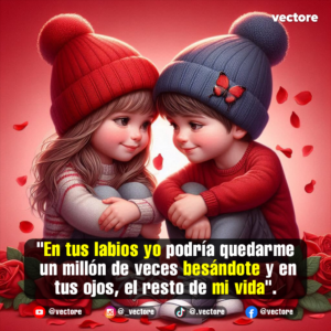 Arte digital de una pareja infantil de estilo anime mirándose fijamente; la niña lleva un gorro rojo y el niño un gorro azul adornado con una pequeña mariposa, rodeados de rosas.