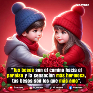 Dos niños con abrigos y gorros de invierno sostienen juntos un ramo de rosas rojas en un tierno gesto romántico sobre un fondo iluminado.