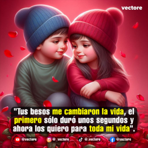 Dibujo animado de un niño con playera verde y una niña con sudadera roja sentados muy juntos en un entorno lleno de rosas rojas y pétalos flotantes en el aire.