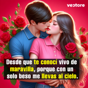 Ilustración de un hombre abrazando por la espalda a una mujer con cabello largo y ondulado mientras le da un beso en los labios. Él viste una playera polo azul y ella una rosa, complementado con un arreglo de rosas rojas con tallos y espinas al fondo.
