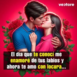 Composición artística de una pareja dándose un beso apasionado en la boca. El hombre tiene sus manos en los hombros de la mujer y está rodeado por una corona o guirnalda circular hecha de rosas rojas y hojas verdes sobre un fondo fucsia.