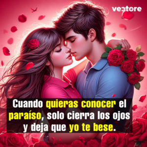 Ilustración romántica de un hombre y una mujer con los ojos cerrados a punto de besarse, con los rostros muy juntos. El hombre sostiene un ramo de rosas rojas sobre su hombro, rodeados de pétalos en movimiento sobre un fondo rosa con destellos de luz.