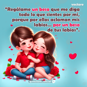 Arte digital romántico de una pareja de niños sentados en el suelo; la niña con playera roja y shorts de mezclilla abraza con ternura al niño, quien viste playera roja y jeans azules, rodeados de rosas rojas y pétalos sobre un fondo celeste suave.