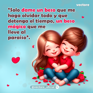 Dibujo animado de un niño y una niña descalzos y sentados juntos, abrazándose cariñosamente con los ojos cerrados y sonrisas dulces; visten prendas rojas y jeans azules en un tierno fondo celeste decorado con rosas rojas y corazones flotantes.