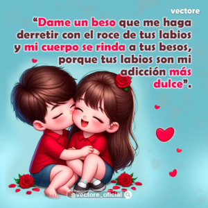 Ilustración digital de un niño dándole un tierno beso en la mejilla a una niña que sonríe alegremente con los ojos cerrados; ambos están sentados en el suelo vistiendo playeras rojas y rodeados de rosas rojas sobre un fondo azul claro.
