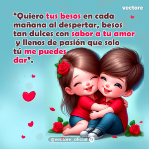 Arte digital infantil de una pareja de niños abrazados con gran ternura y sonriendo con las mejillas sonrojadas; la niña lleva una rosa roja en el cabello y ambos están sentados en el suelo rodeados de flores sobre un fondo de tono azulado.