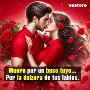 Ilustración romántica en primer plano de una pareja vistiendo playeras tipo polo rojas idénticas, compartiendo un tierno beso en los labios. Una rosa roja adorna el cabello largo y castaño de la mujer, mientras pétalos de rosa flotan a su alrededor sobre un fondo rojo, acompañados de un ramo de rosas a la izquierda.