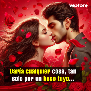 Plano medio de perfil de un hombre y una mujer fundiéndose en un beso romántico. Ella lleva un vestido rojo y su cabello ondulado vuela hacia atrás, mientras que él viste una prenda oscura. La escena está enmarcada por un fondo cubierto de rosas rojas y pétalos flotantes bajo una iluminación cálida.