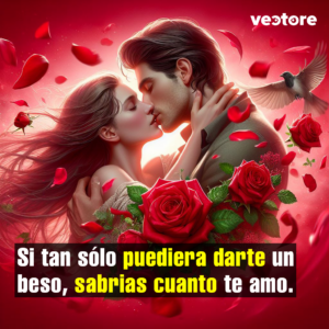 Ilustración artística de una pareja abrazada dándose un beso íntimo. El hombre rodea el cuello de la mujer con su mano, rodeados en primer plano por grandes rosas rojas con hojas verdes. En el fondo, una paloma blanca vuela entre pétalos rojos difuminados sobre un resplandor luminoso.