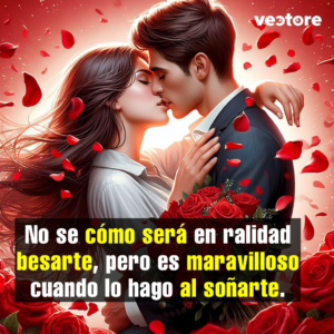 Retrato digital de un hombre con traje elegante y una mujer con blusa blanca besándose apasionadamente. El hombre sostiene un ramo de rosas rojas en sus manos, y el fondo destaca por un intenso brillo de luz blanca decorado con decenas de pétalos de rosa flotando en el aire.