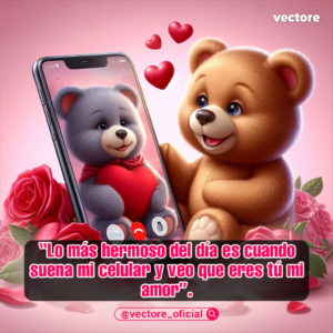 Ilustración en 3D de un osito de peluche marrón que observa la pantalla de un smartphone donde aparece otro osito gris sosteniendo un gran corazón rojo en una videollamada, decorado con rosas y corazones en el fondo.