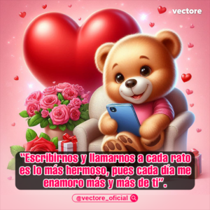Dibujo animado en 3D de un osito marrón sentado en un sillón beige, sonriendo con un teléfono inteligente azul en sus manos, frente a un enorme corazón rojo y un gran jarrón repleto de rosas rosadas.