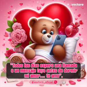 Escena romántica digital de un osito de peluche acostado en una cama rosa revisando su teléfono inteligente antes de dormir, con un gran corazón de fondo, rosas rosadas a los lados y pequeños corazones flotando en el aire.