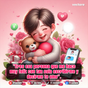 Ilustración digital en 3D de un niño de cabello castaño sonriendo con los ojos cerrados mientras abraza fuertemente a un osito de peluche y un gran corazón rojo, junto a un teléfono celular que muestra una conversación de chat sobre un fondo decorado con rosas rosadas y corazones flotantes.