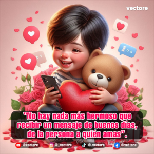 Gráfico digital en 3D de un niño alegre sosteniendo un celular en una mano y abrazando a un osito de peluche con un corazón rojo en la otra, rodeado de arbustos de rosas rosadas e íconos flotantes de notificaciones de amor.