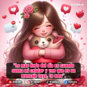 Diseño digital de una niña sonriente con ojos cerrados abrazando a su peluche, rodeada de corazones y cartas de amor flotantes con un fondo rosa.