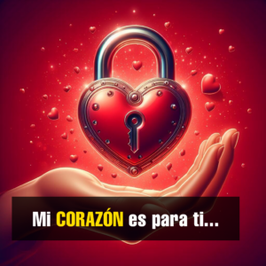 Una mano abierta sosteniendo con delicadeza un candado metálico rojo en forma de corazón que brilla intensamente en el centro. La escena está rodeada por un aura luminosa y multitud de pequeños corazones rojos flotando en el aire sobre un fondo místico de color carmesí.