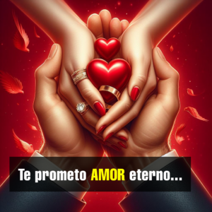 Composición conceptual en primer plano donde unas manos masculinas sostienen con delicadeza las manos de una mujer con uñas pintadas de rojo. En el centro de sus palmas descansan dos corazones rojos brillantes y un anillo dorado, rodeados de plumas rojas flotando en el aire sobre un fondo carmesí.