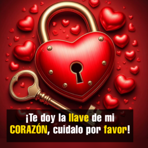 Primer plano de un candado metálico con forma de corazón rojo brillante y bordes dorados, acompañado de una llave clásica dorada a su izquierda. El conjunto descansa sobre una superficie roja cubierta por decenas de pequeños corazones rojos metálicos esparcidos.