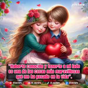 Ilustración digital en 3D de una adorable pareja de niños abrazados en un jardín; la niña lleva flores rojas en el cabello y una chaqueta verde, mientras el niño sostiene un gran corazón rojo brillante sobre un fondo natural de montañas y rosas.