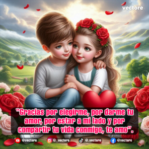 Arte conceptual romántico de un niño y una niña sentados juntos en el césped frente a un paisaje montañoso; la niña luce una corona de rosas rojas y un corazón rojo descansa junto a ellos en un entorno rodeado de pétalos y flores.