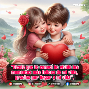 Dibujo animado tierno de estilo hiperrealista donde una niña con un vestido rosa abraza efusivamente por el hombro a un niño, mientras ambos sostienen juntos un gran corazón rojo, rodeados de arbustos con rosas rosadas.