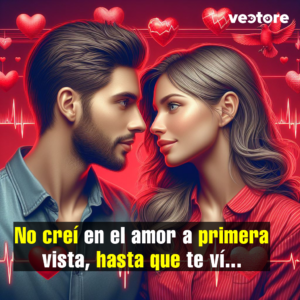 Ilustración digital de un hombre con barba corta y camisa de mezclilla azul mirando fijamente a los ojos de una mujer con blusa de rayas rojas. Al fondo se observa un gráfico rojo de líneas de latidos del corazón (electrocardiograma) complementado con varios corazones flotantes.
