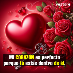Imagen romántica centrada en un gran corazón rojo tridimensional y brillante, acompañado de una llave metálica ornamentada con detalles de corazón en su empuñadura. Al lado derecho destaca un frondoso ramo de rosas rojas abiertas sobre un fondo satinado con pequeños corazones de cristal.