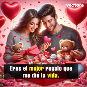 Dibujo digital de una pareja joven sonriendo con ternura mientras abren juntos una gran caja de regalo roja llena de ositos de peluche. Ambos visten suéteres tejidos de color gris y están rodeados por globos en forma de corazón y ramos de rosas rosadas en la parte inferior.