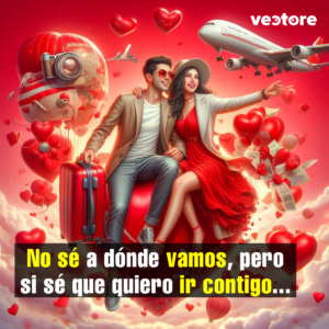 Ilustración de una pareja feliz con temática de viajes, sentados sobre un gran corazón rojo flotando entre nubes. El hombre usa gafas de sol y sostiene una maleta roja, mientras que la mujer lleva un vestido rojo y un sombrero blanco, señalando hacia el horizonte donde vuelan aviones y un globo aerostático con forma de cámara fotográfica.