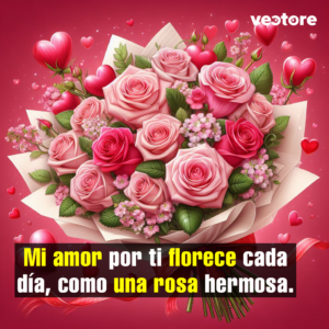 Un exuberante ramo floral compuesto por rosas en tonos rosa pastel y rosa vibrante, envuelto en papel blanco. La composición está adornada con pequeñas flores complementarias de color lila y varios corazones flotantes de color rojo brillante sobre un fondo degradado en tonos rosa.