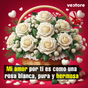 Una elegante canasta de mimbre marrón repleta de rosas blancas completamente abiertas y pequeños brotes esféricos texturizados. El fondo es de un color rojo intenso y está decorado con múltiples corazones blancos flotantes, además de una pequeña caja de regalo con un lazo rojo en la esquina superior derecha.
