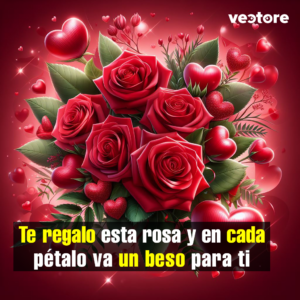 Un ramo central de rosas rojas de aspecto realista rodeado por numerosos corazones rojos tridimensionales con acabados brillantes y texturizados. El fondo presenta destellos de luz blanca y pequeñas ramas con brotes sobre un fondo degradado de color rojo oscuro.