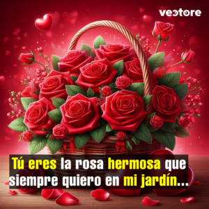 Una canasta tejida de color marrón llena de rosas rojas aterciopeladas con hojas de un verde intenso. La escena se sitúa sobre una mesa de madera rústica donde descansan pétalos caídos y dos corazones rojos relucientes en la base, todo bajo un fondo carmesí difuminado.