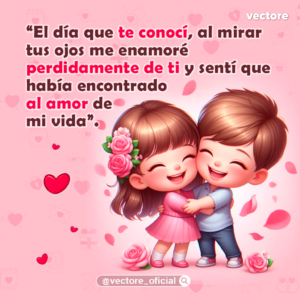 Ilustración digital de una niña con vestido rosa y flores en el cabello abrazando alegremente a un niño con playera azul; ambos sonríen con los ojos cerrados rodeados de pétalos de rosa y corazones flotantes sobre un fondo rosa suave.
