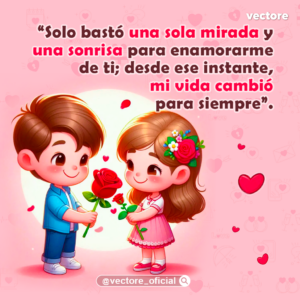 Caricatura tierna de un niño con camisa azul entregándole una rosa roja a una niña con vestido rosa y flores en el cabello, bajo una luz cálida con corazones flotando a los lados.