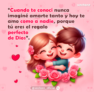 Dibujo animado infantil de un niño y una niña abrazados alegremente y con los ojos cerrados de felicidad, emergiendo detrás de una guirnalda de rosas rosadas en un entorno romántico.