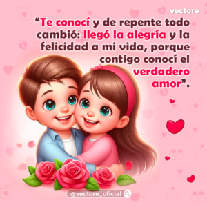 Ilustración digital romántica de un niño abrazando por la espalda a una niña con diadema rosa, ambos sonriendo con ternura detrás de un arreglo de rosas rojas sobre un fondo rosa pastel.