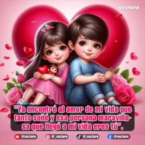 Dibujo romántico tridimensional de una niña con vestido rosa sosteniendo un pequeño corazón y un muñeco, sentada junto a un niño con playera azul, frente a un gran corazón rojo de fondo adornado con rosas rosadas.