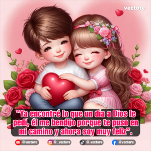 Arte conceptual de una adorable pareja de niños abrazados afectuosamente mientras sostienen un corazón rojo brillante; la niña luce un peinado con rosas rosadas y un vestido a rayas, rodeados de ramos de rosas rojas sobre un fondo rosa pastel.