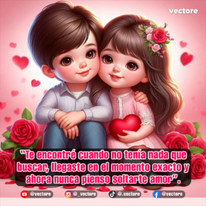 Imagen romántica de dos niños sentados muy juntos en un fondo rosa con corazones; la niña sostiene un pequeño corazón rojo y lleva rosas en su cabello castaño largo mientras sonríe junto al niño.